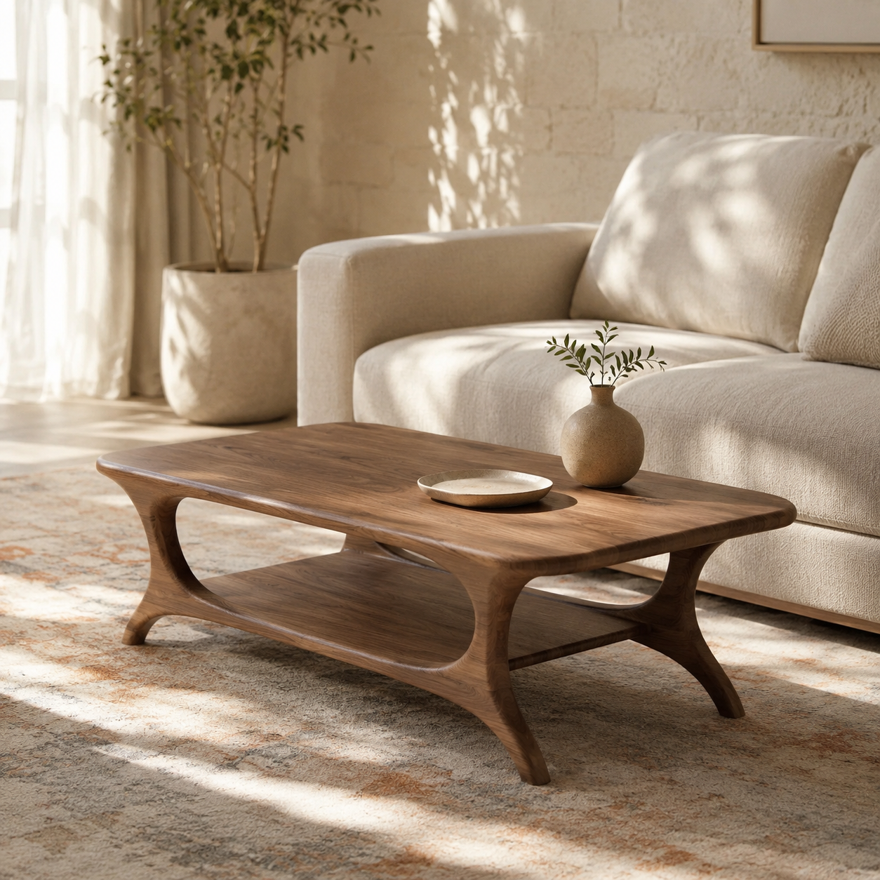 Organic Arched Frame Solid Wood Coffee Table For Living Room