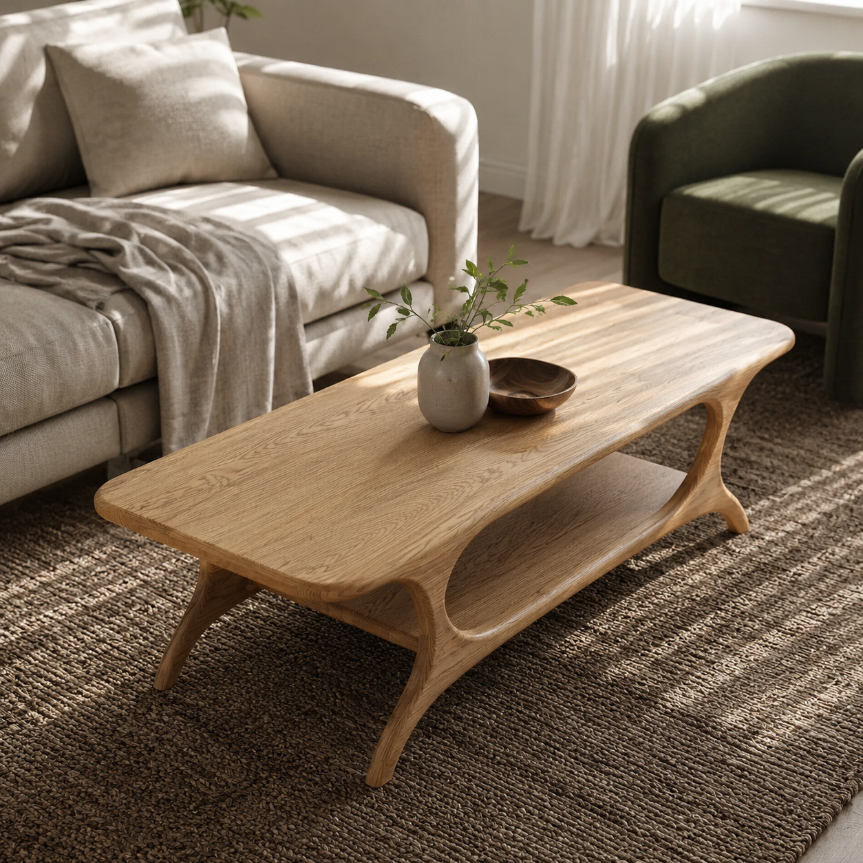 Organic Arched Frame Solid Wood Coffee Table For Living Room
