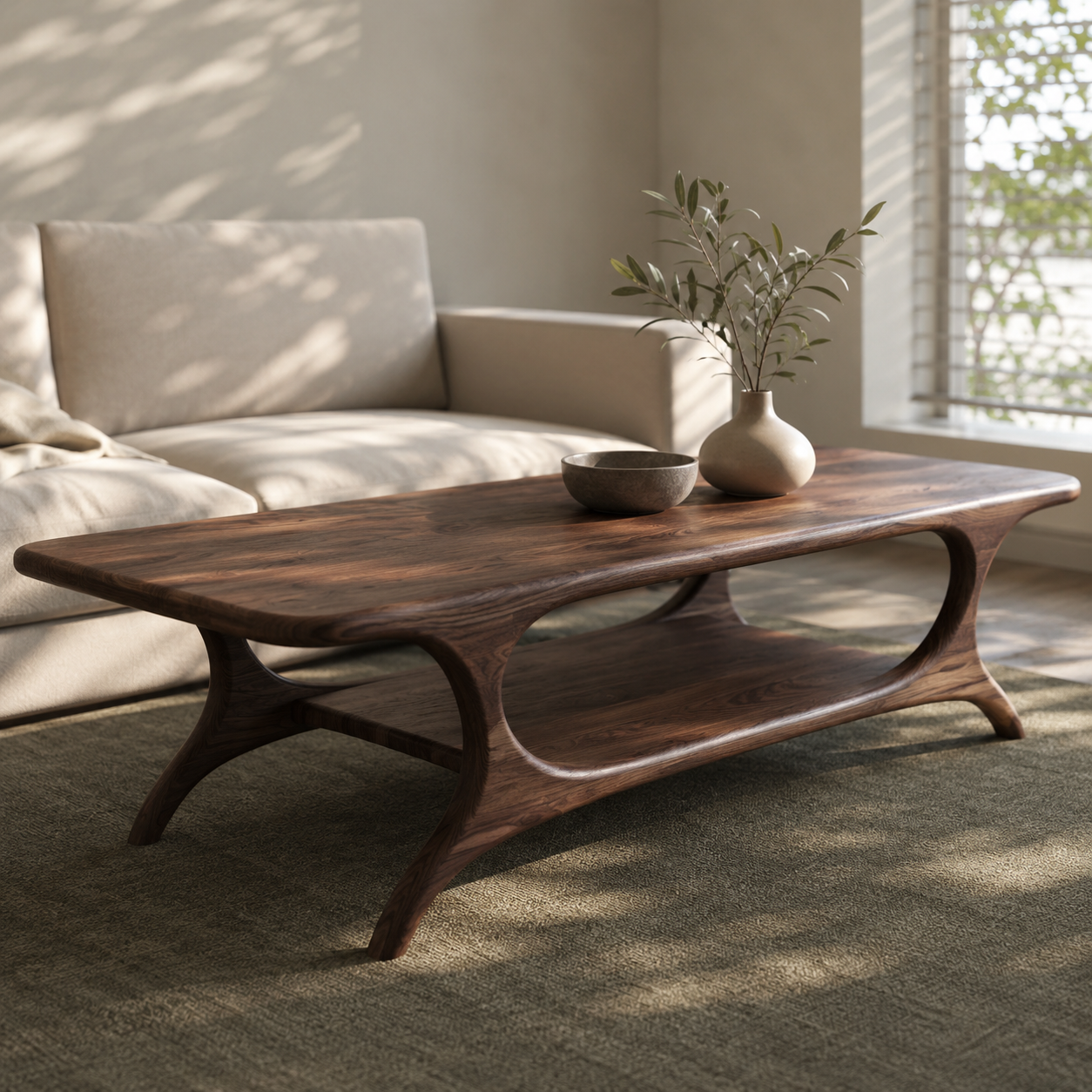 Organic Arched Frame Solid Wood Coffee Table For Living Room