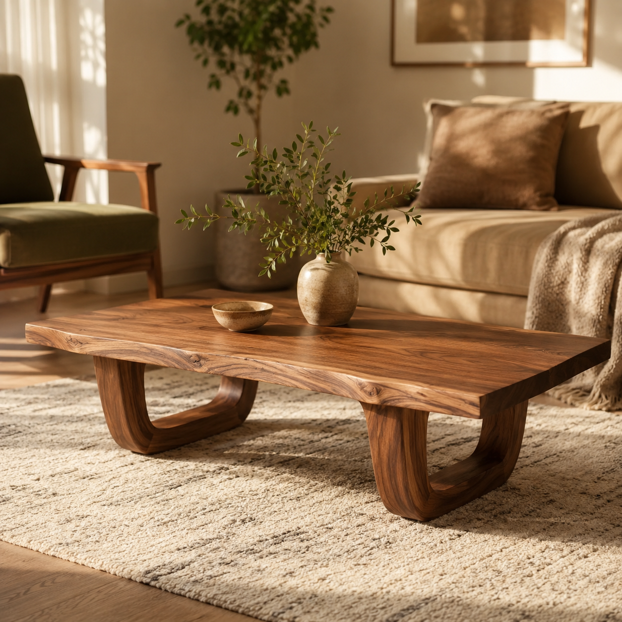 Arvion Scoop Base Live Edge Solid Wood Coffee Table For Living Room