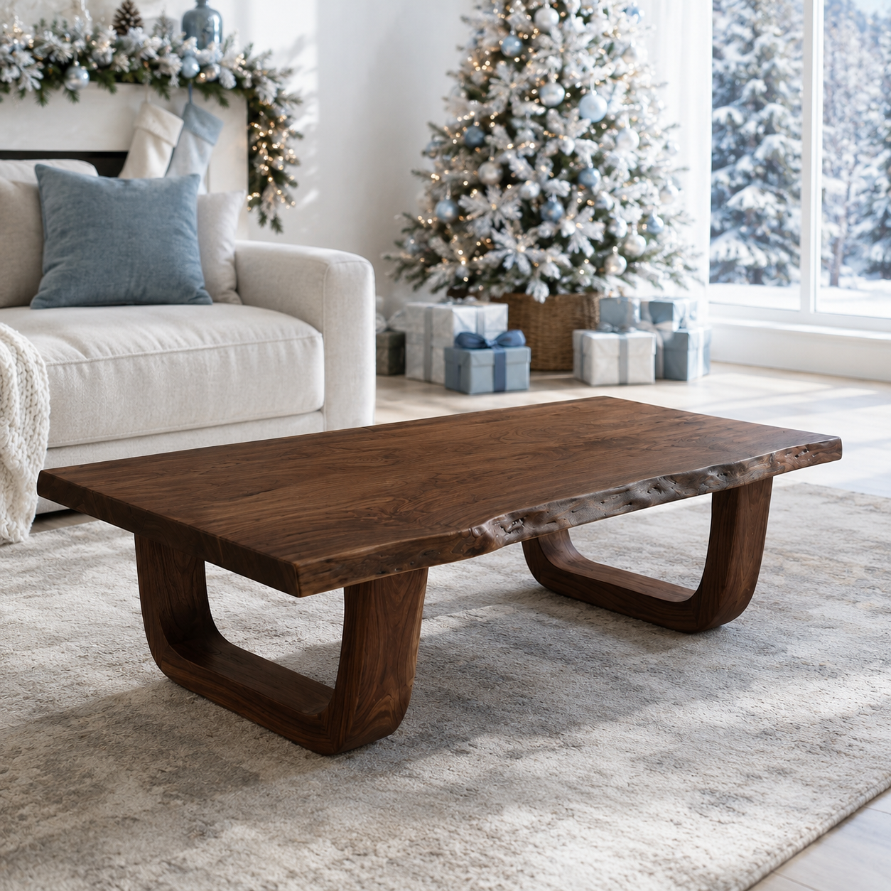 Arvion Scoop Base Live Edge Solid Wood Coffee Table For Living Room