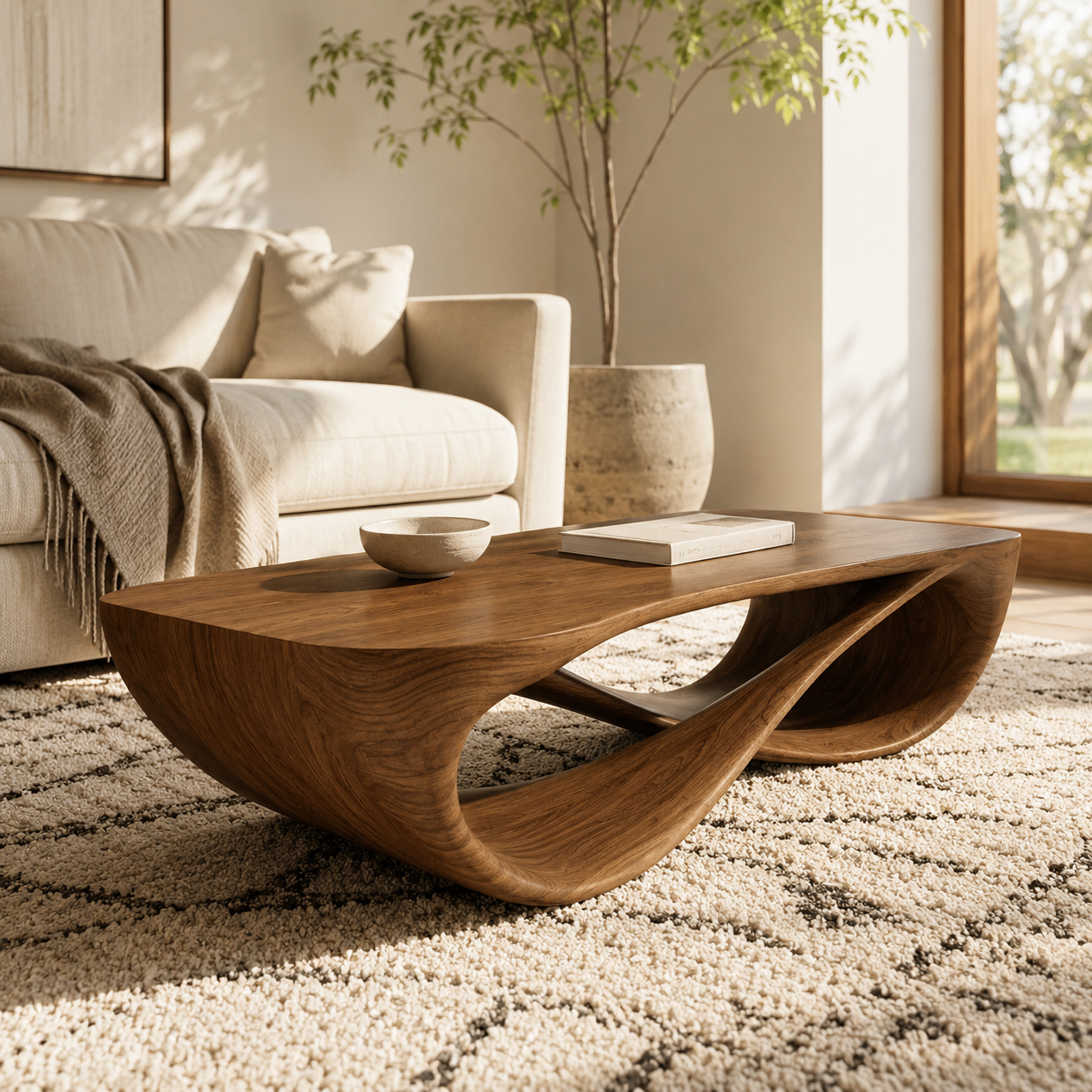 Serpentine Open Base Solid Wood Coffee Table For Living Room
