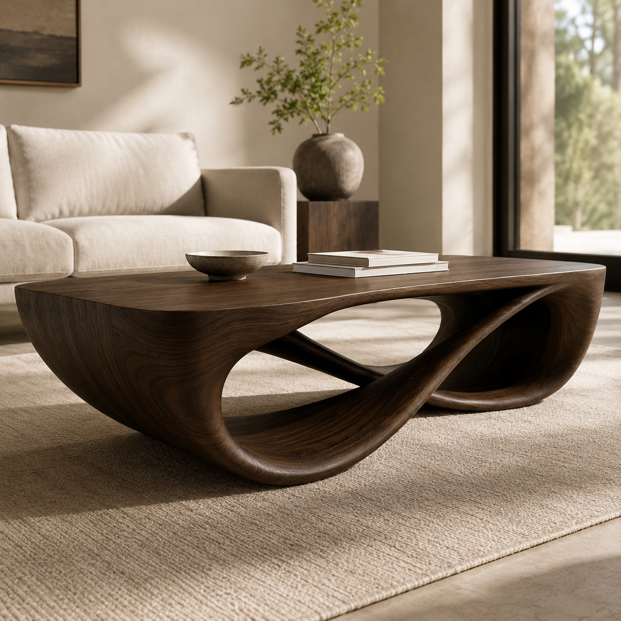 Serpentine Open Base Solid Wood Coffee Table For Living Room