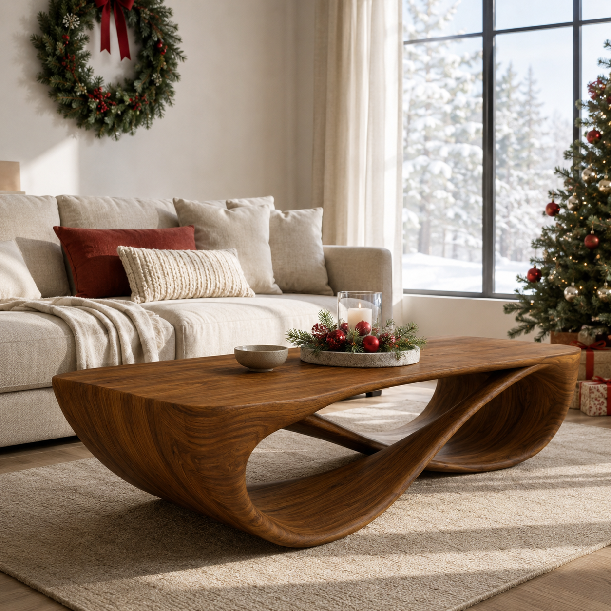 Serpentine Open Base Solid Wood Coffee Table For Living Room