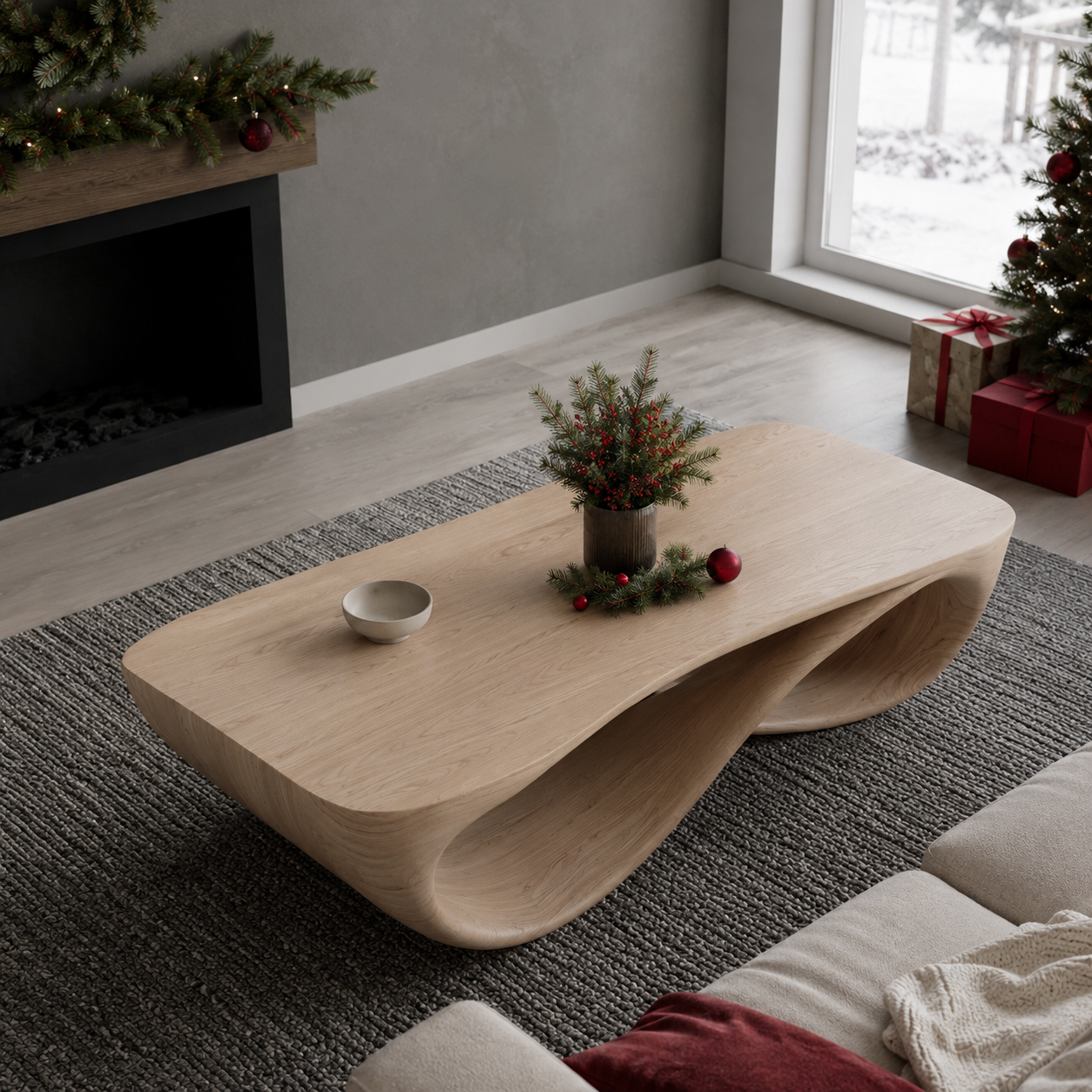 Serpentine Open Base Solid Wood Coffee Table For Living Room