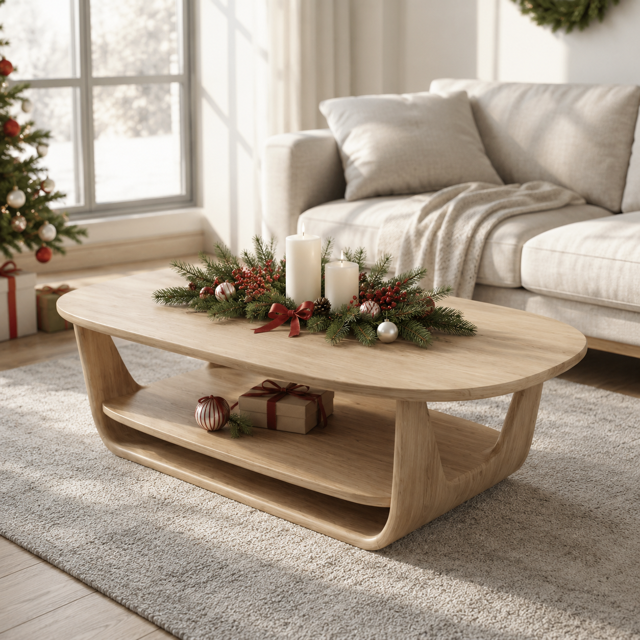 Organic Tiered Open Frame Solid Wood Coffee Table For Living Room