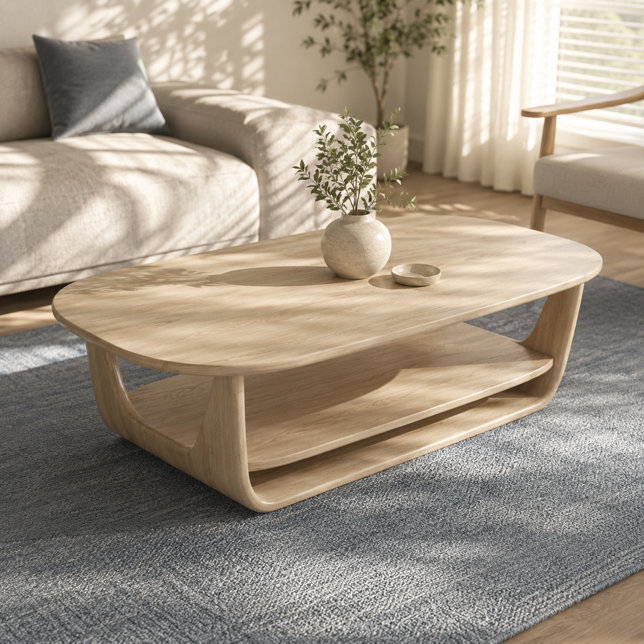 Organic Tiered Open Frame Solid Wood Coffee Table For Living Room