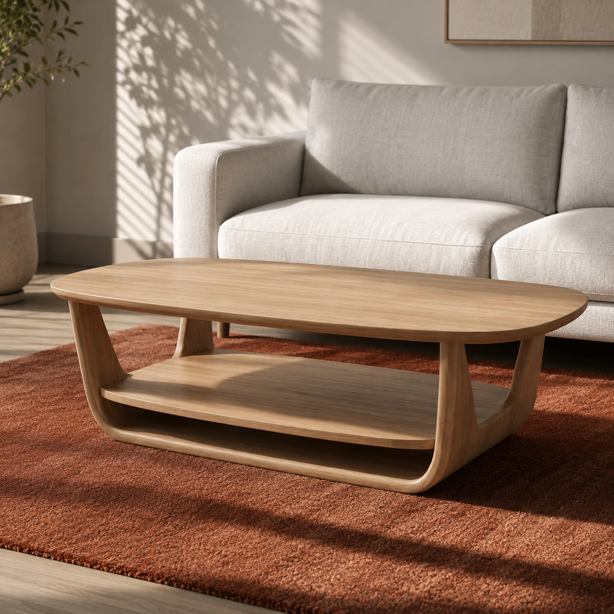 Organic Tiered Open Frame Solid Wood Coffee Table For Living Room