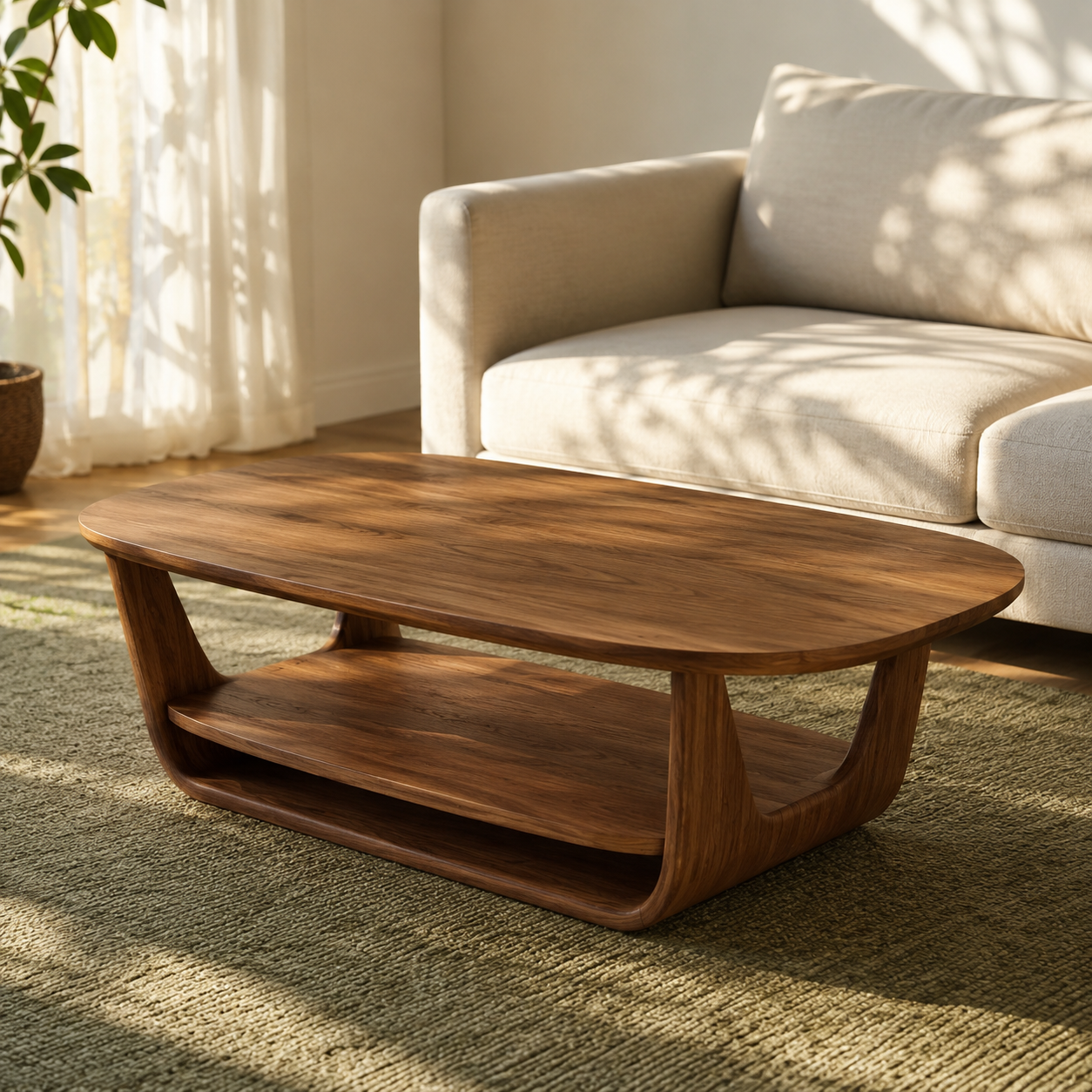 Organic Tiered Open Frame Solid Wood Coffee Table For Living Room