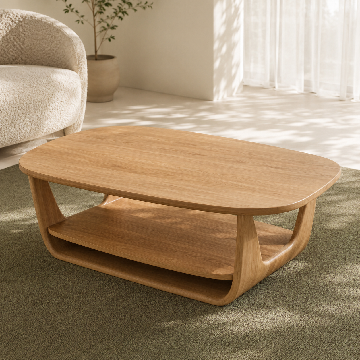 Organic Tiered Open Frame Solid Wood Coffee Table For Living Room