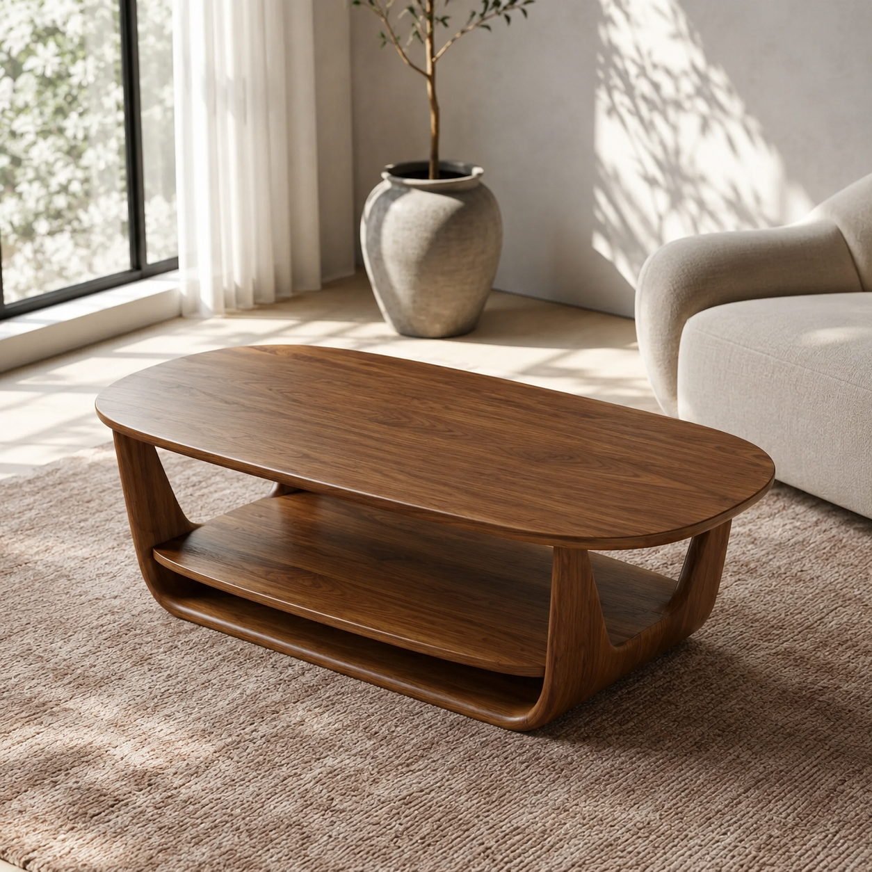 Organic Tiered Open Frame Solid Wood Coffee Table For Living Room