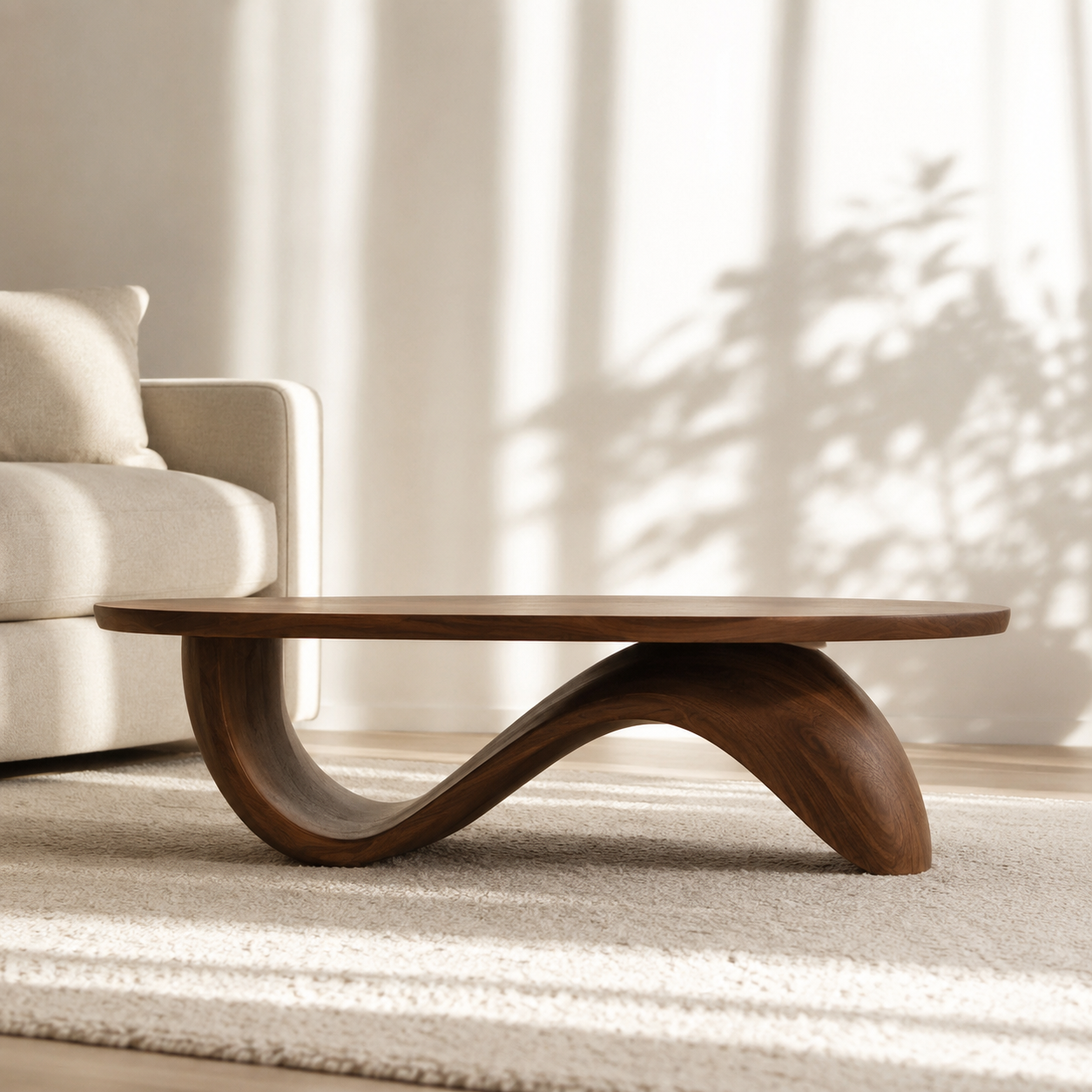 Sculptural Ribbon Base Solid Wood Coffee Table For Living Room