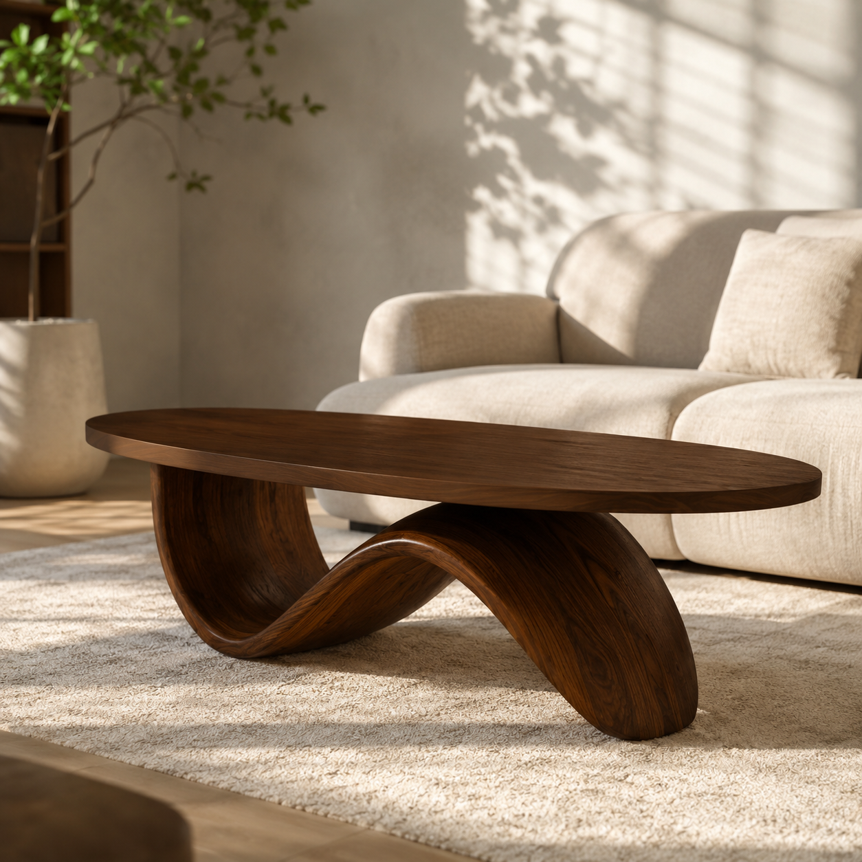 Sculptural Ribbon Base Solid Wood Coffee Table For Living Room