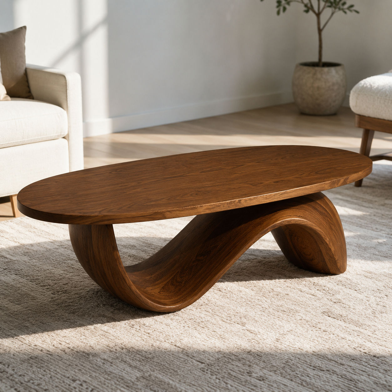 Sculptural Ribbon Base Solid Wood Coffee Table For Living Room