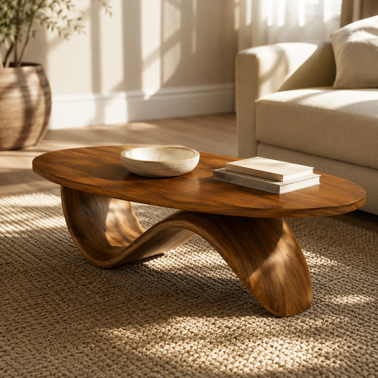 Sculptural Ribbon Base Solid Wood Coffee Table For Living Room