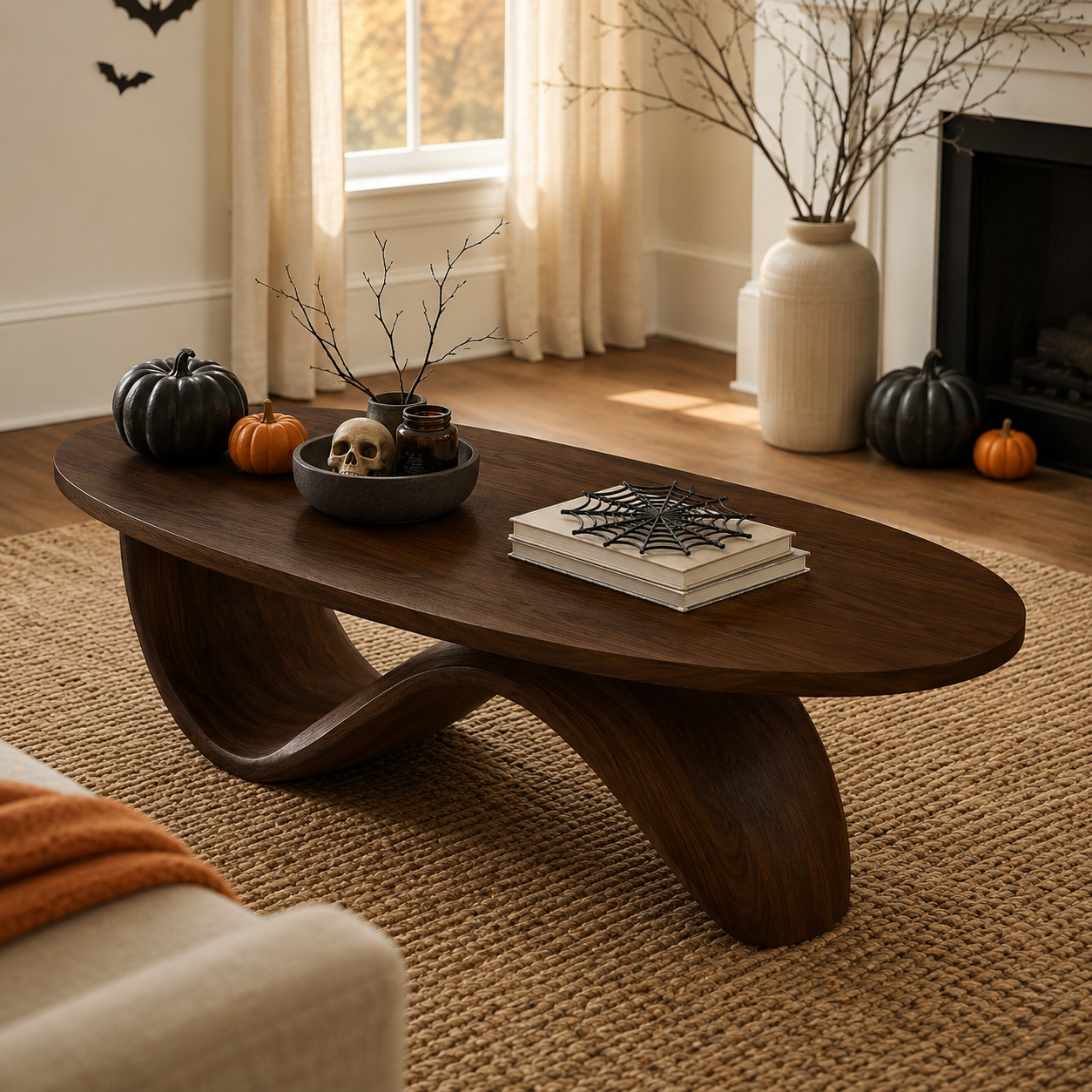 Sculptural Ribbon Base Solid Wood Coffee Table For Living Room