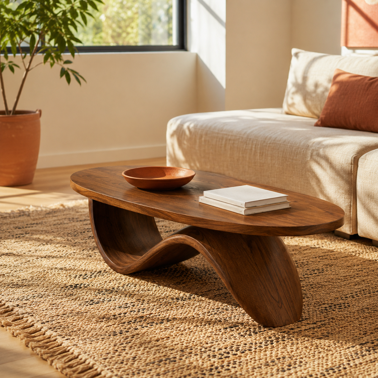 Sculptural Ribbon Base Solid Wood Coffee Table For Living Room