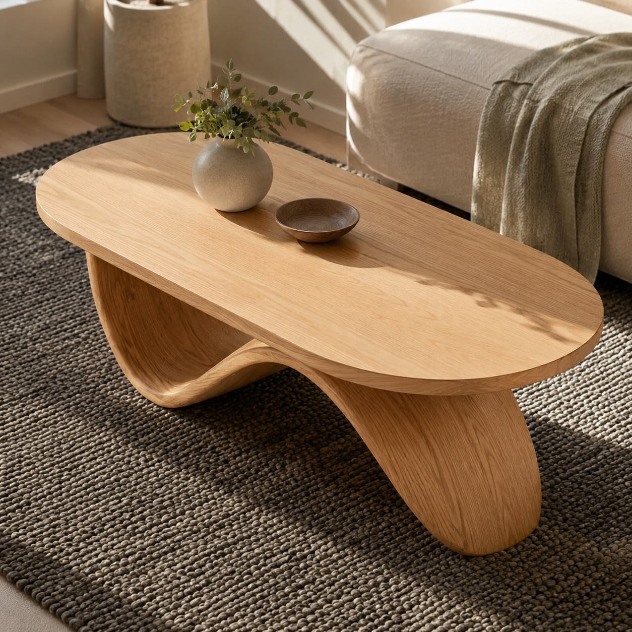 Sculptural Ribbon Base Solid Wood Coffee Table For Living Room