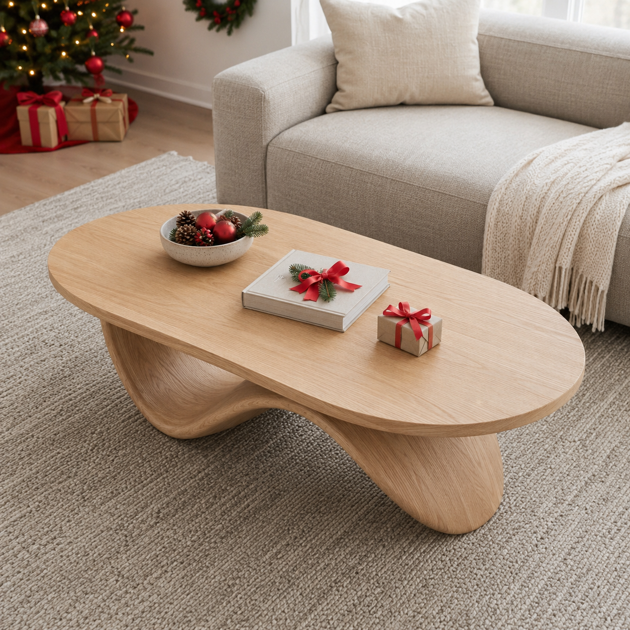 Sculptural Ribbon Base Solid Wood Coffee Table For Living Room