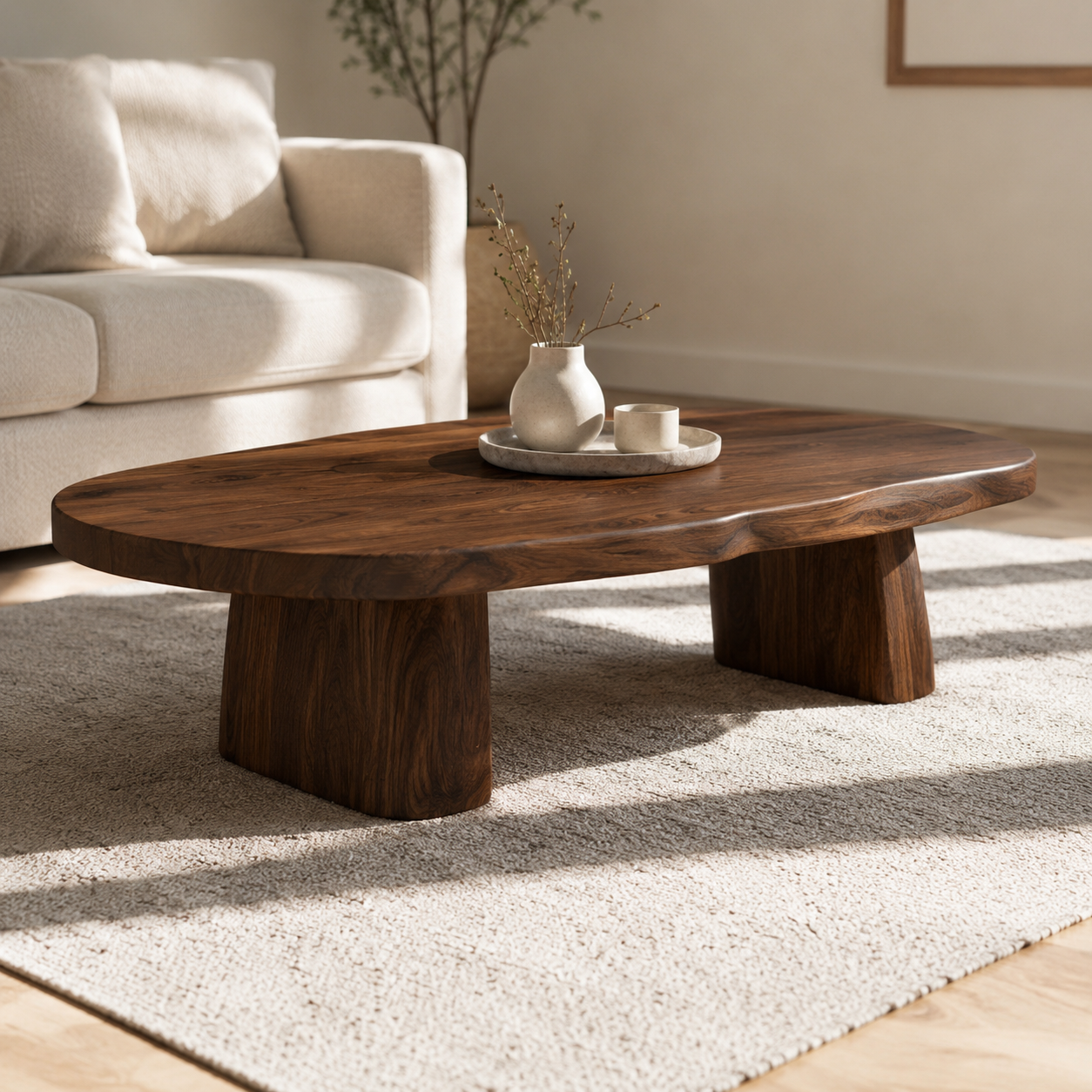 Sculptural Live Edge Slab Solid Wood Coffee Table For Living Room