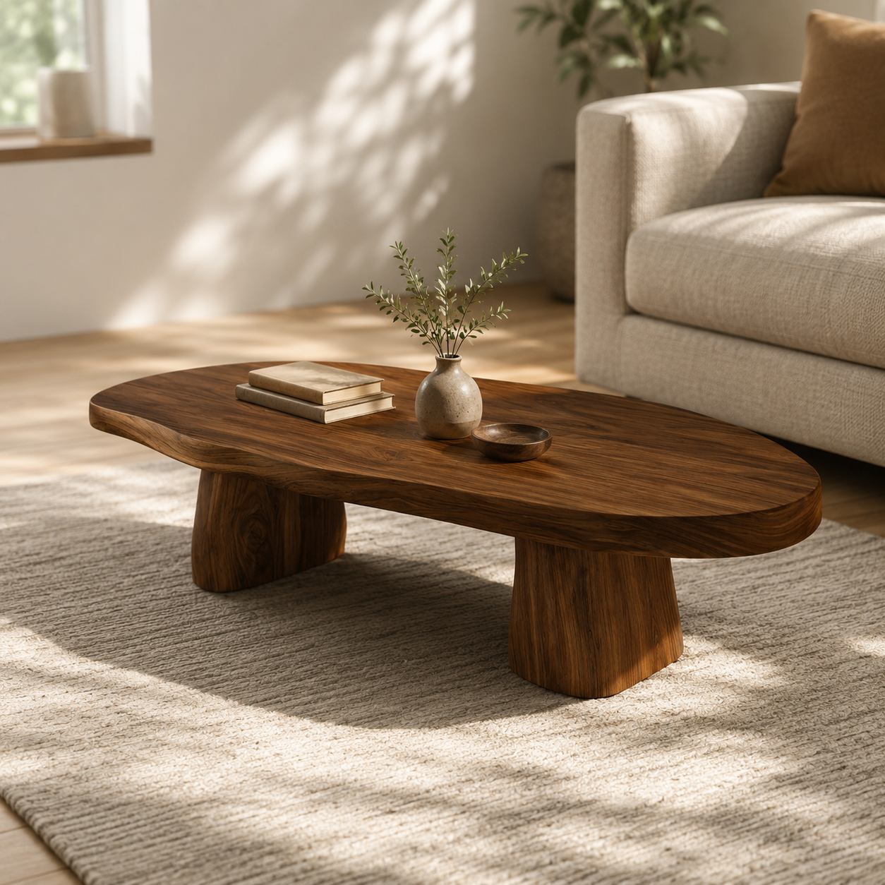 Sculptural Live Edge Slab Solid Wood Coffee Table For Living Room