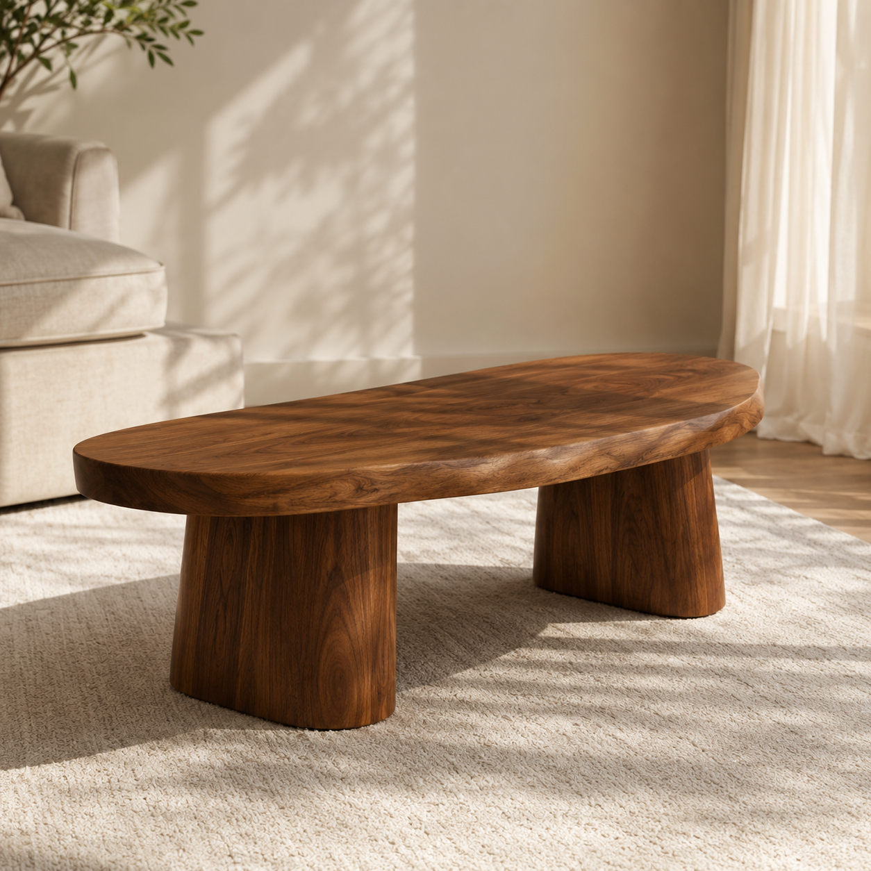 Sculptural Live Edge Slab Solid Wood Coffee Table For Living Room