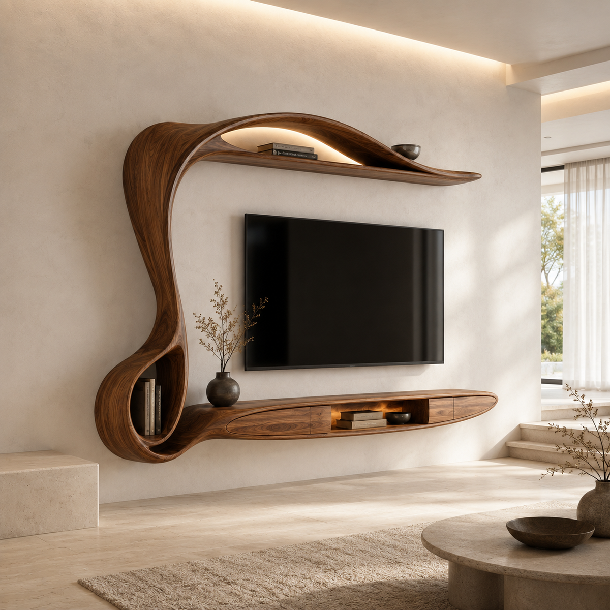 Lunaro Organic Curve Solid Wood TV Stand For Living Room
