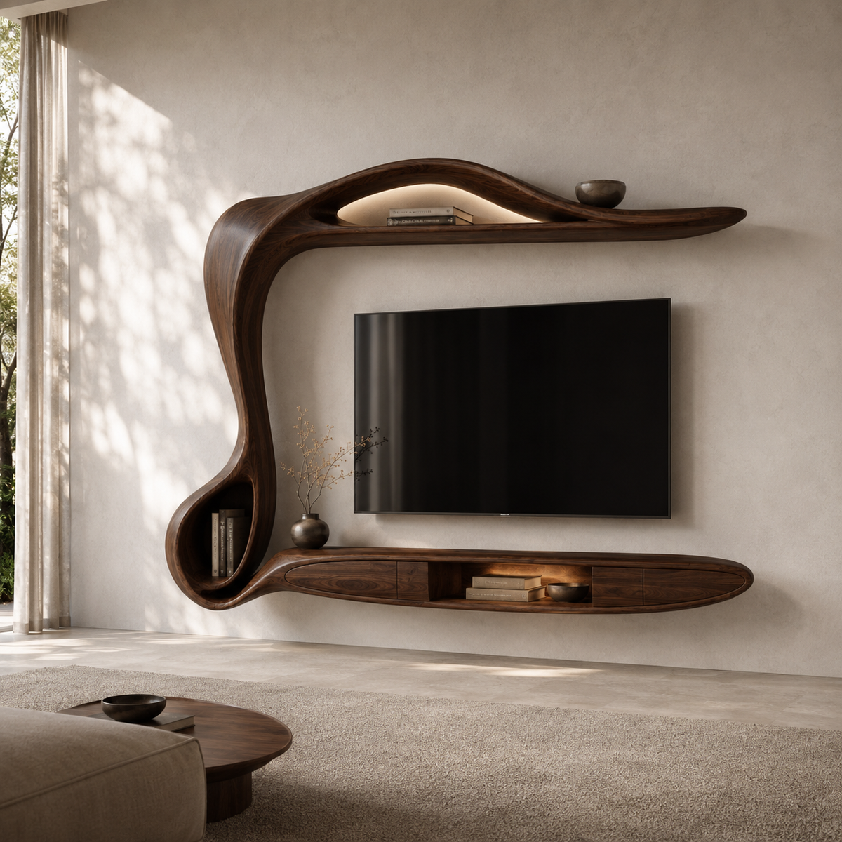 Lunaro Organic Curve Solid Wood TV Stand For Living Room