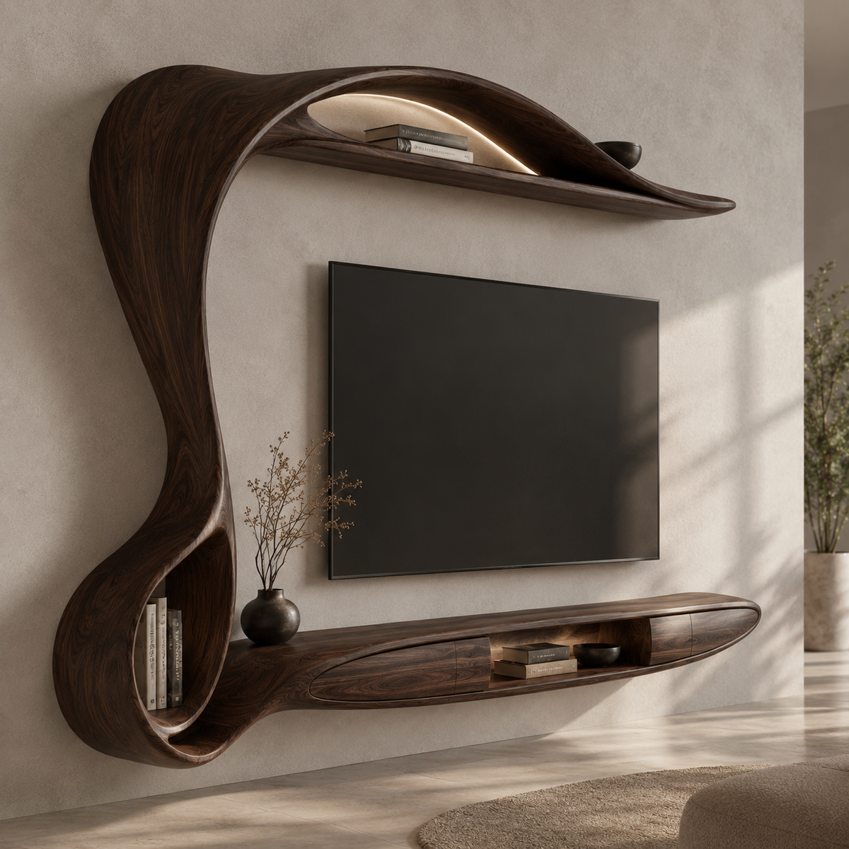 Lunaro Organic Curve Solid Wood TV Stand For Living Room
