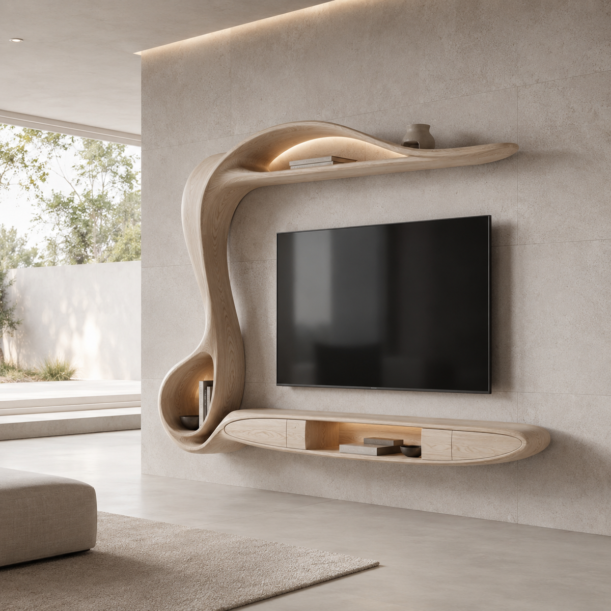 Lunaro Organic Curve Solid Wood TV Stand For Living Room