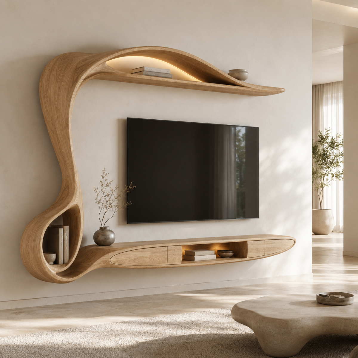 Lunaro Organic Curve Solid Wood TV Stand For Living Room