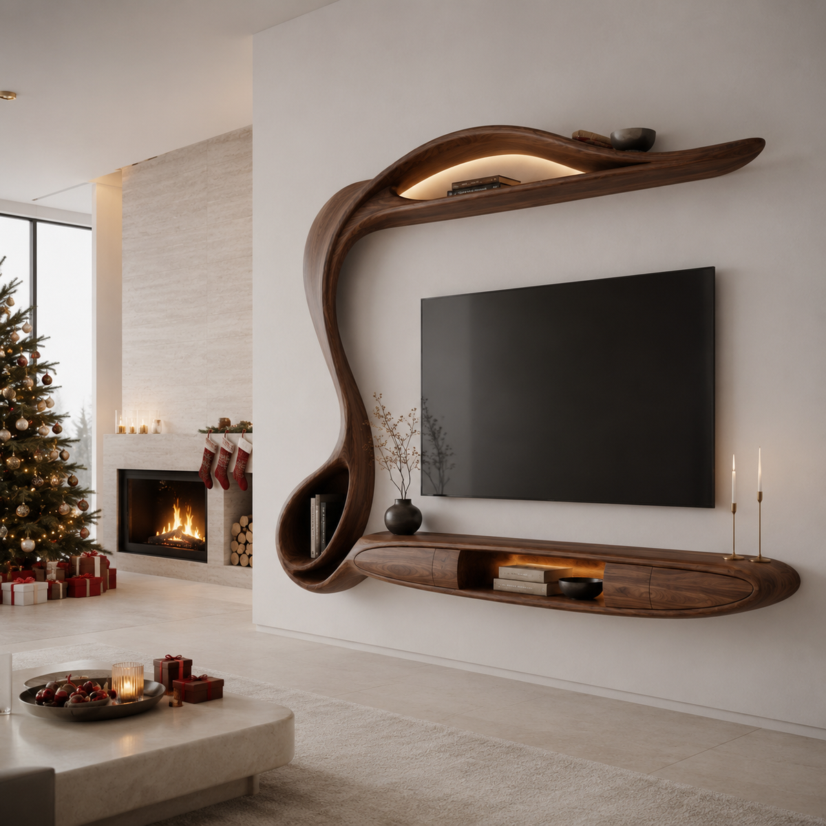 Lunaro Organic Curve Solid Wood TV Stand For Living Room
