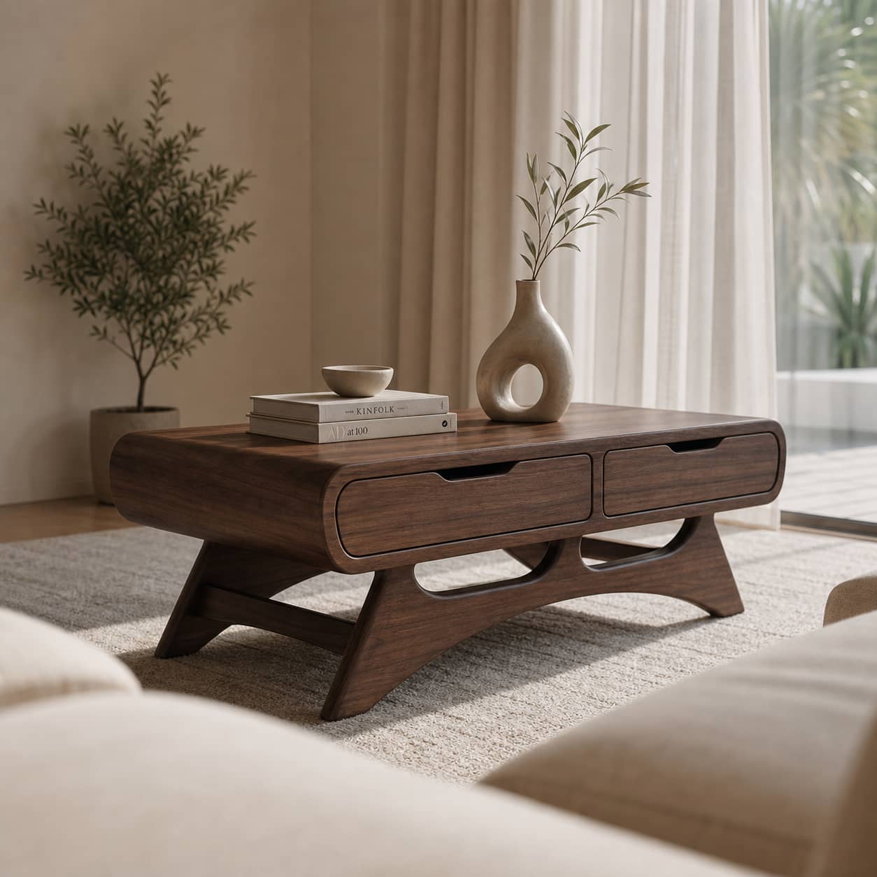 Caius Double-Drawer Solid Wood Coffee Table For Living Room