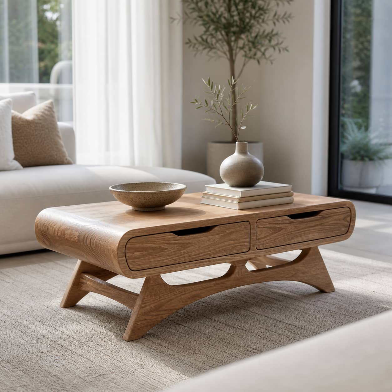 Caius Double-Drawer Solid Wood Coffee Table For Living Room