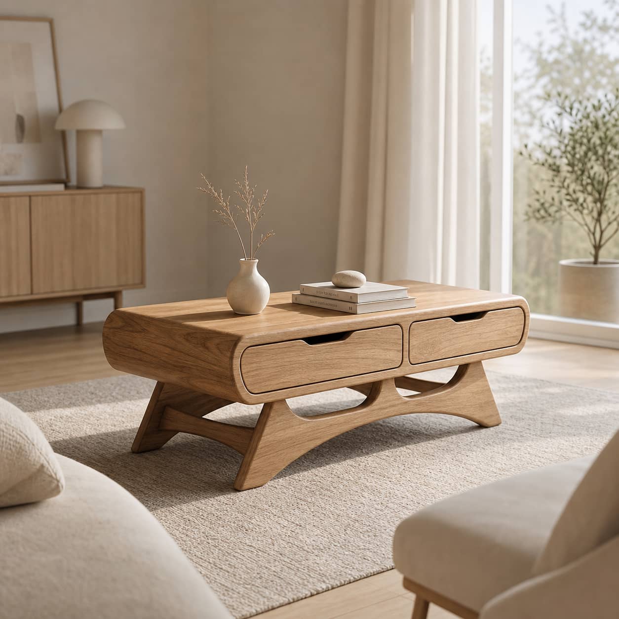 Caius Double-Drawer Solid Wood Coffee Table For Living Room