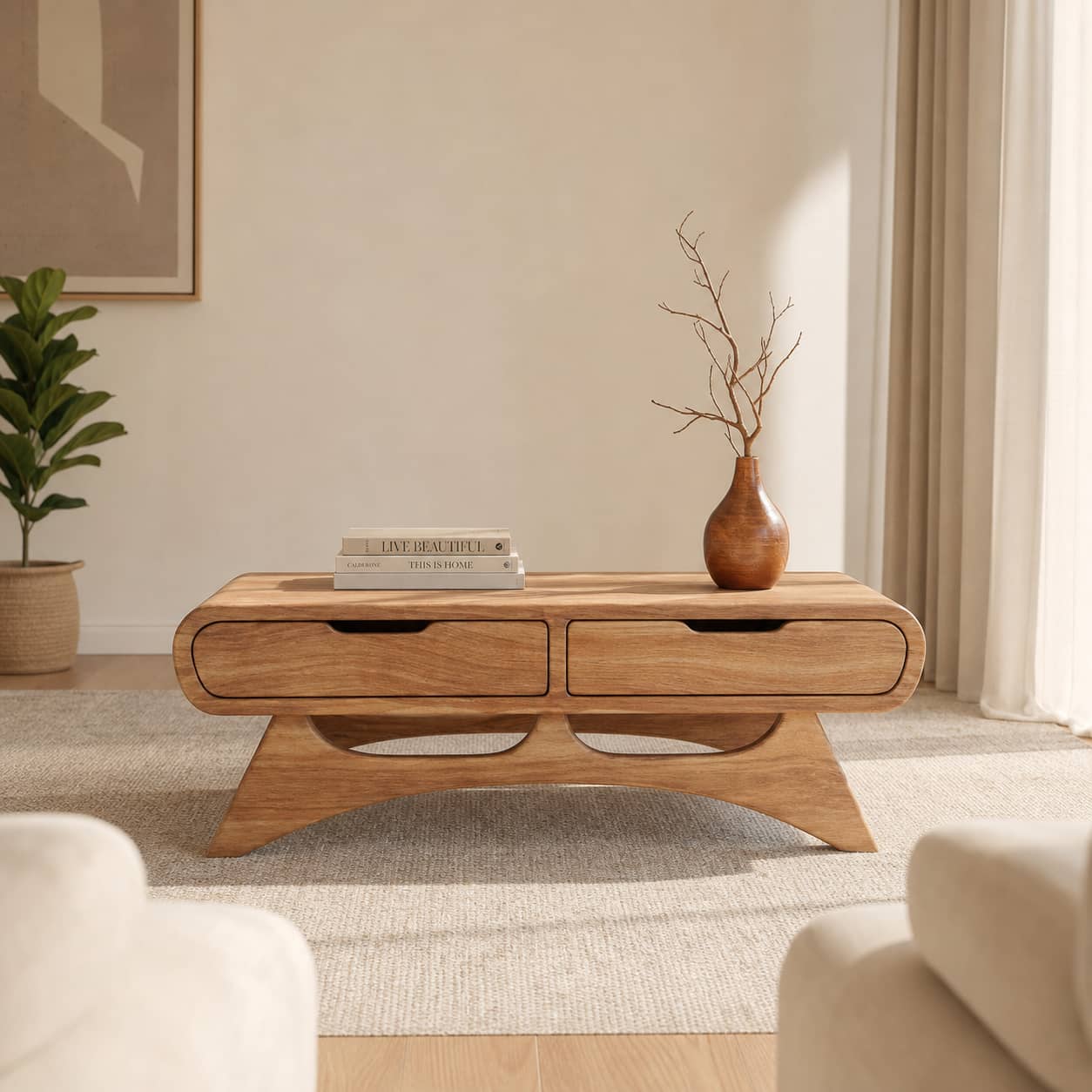 Caius Double-Drawer Solid Wood Coffee Table For Living Room