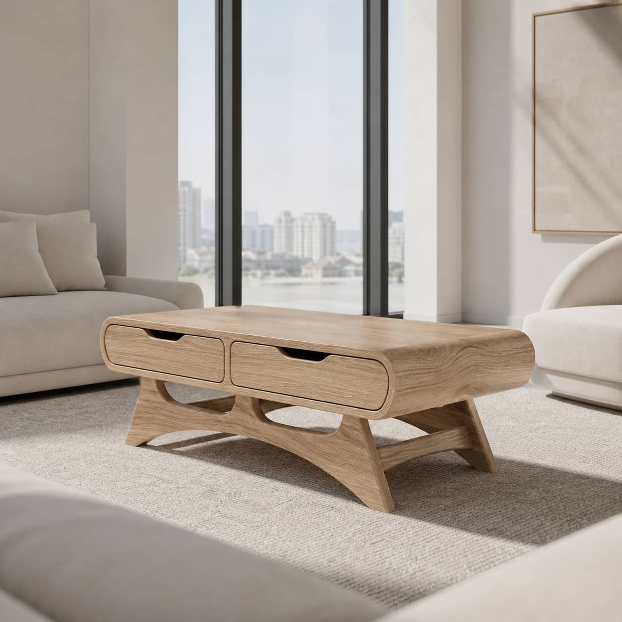 Caius Double-Drawer Solid Wood Coffee Table For Living Room