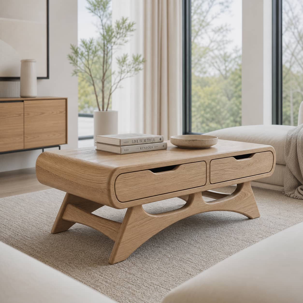 Caius Double-Drawer Solid Wood Coffee Table For Living Room