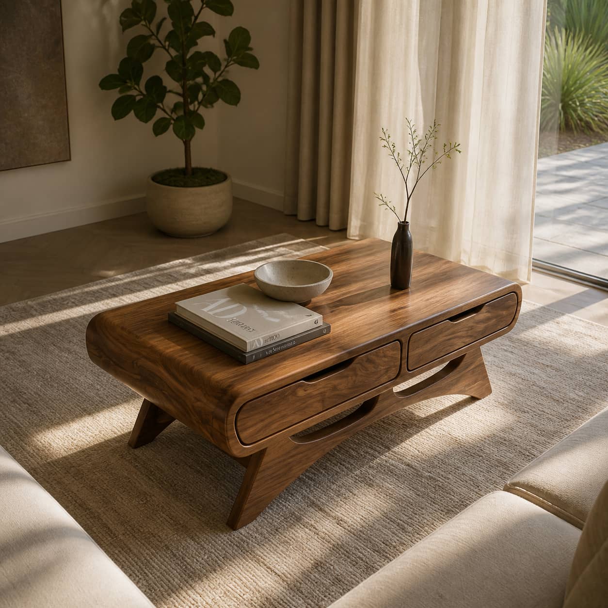 Caius Double-Drawer Solid Wood Coffee Table For Living Room