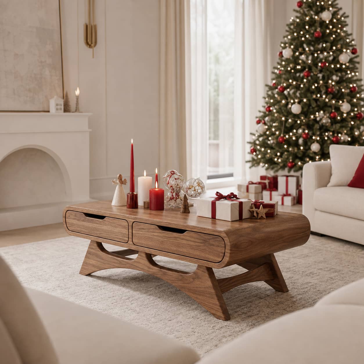 Caius Double-Drawer Solid Wood Coffee Table For Living Room