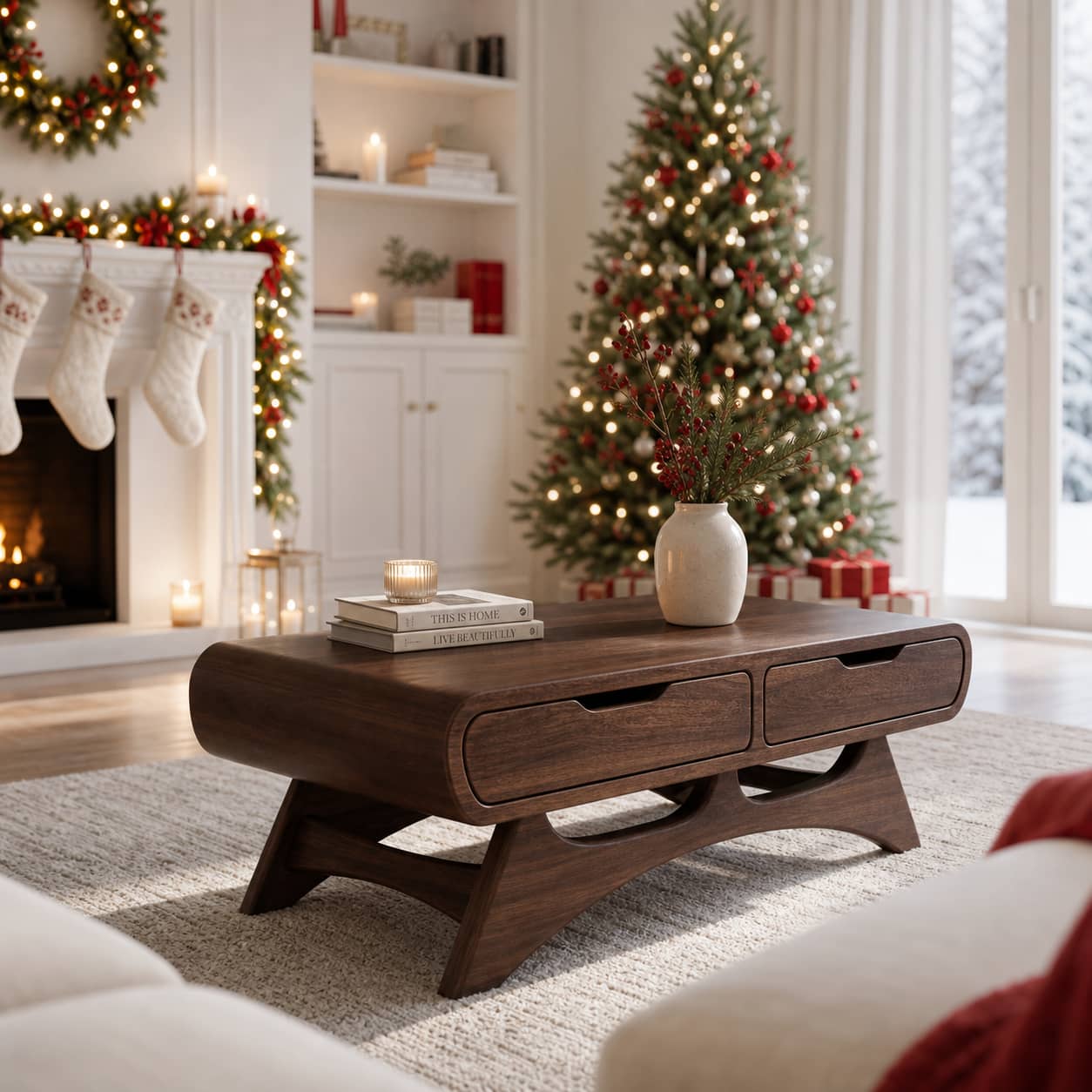 Caius Double-Drawer Solid Wood Coffee Table For Living Room