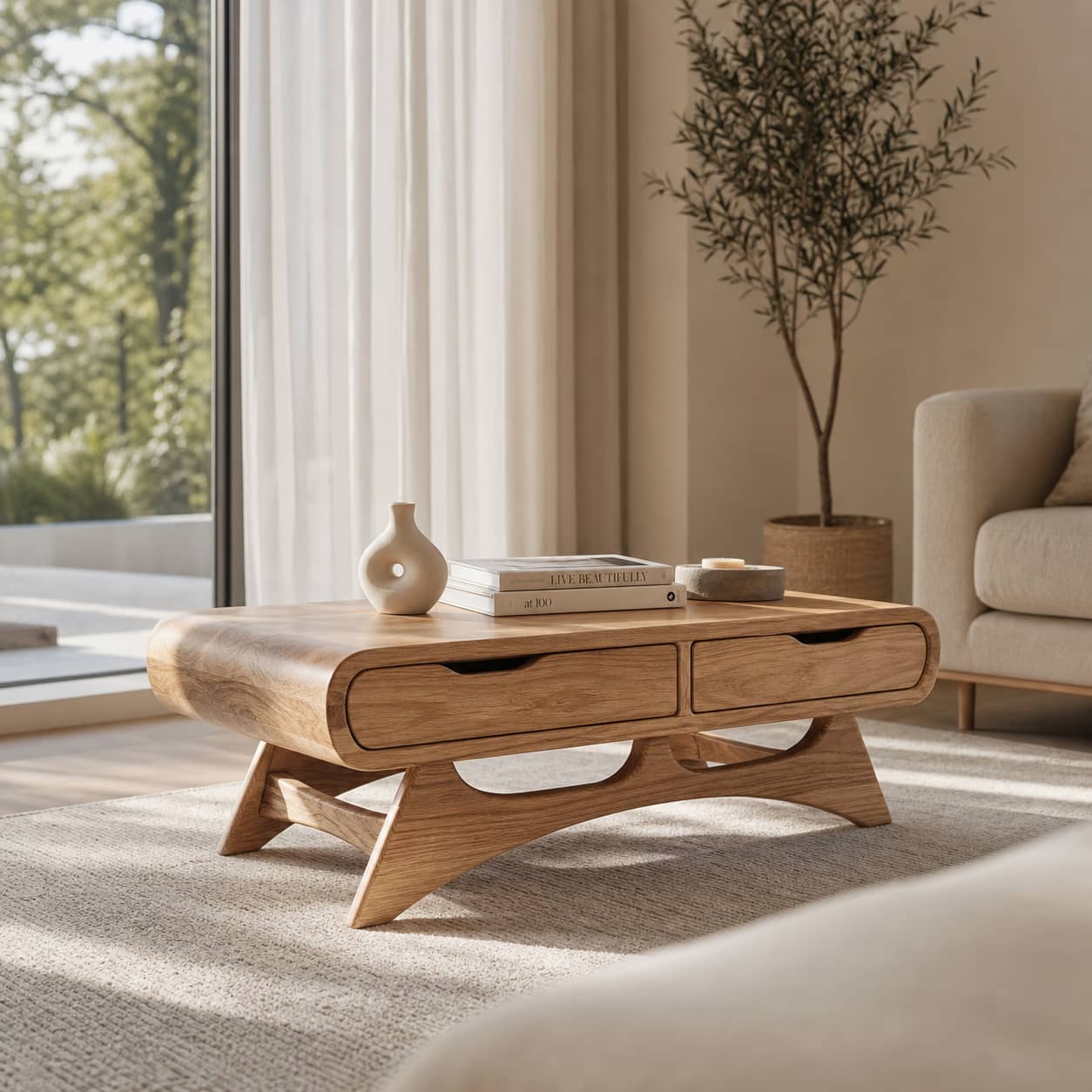 Caius Double-Drawer Solid Wood Coffee Table For Living Room