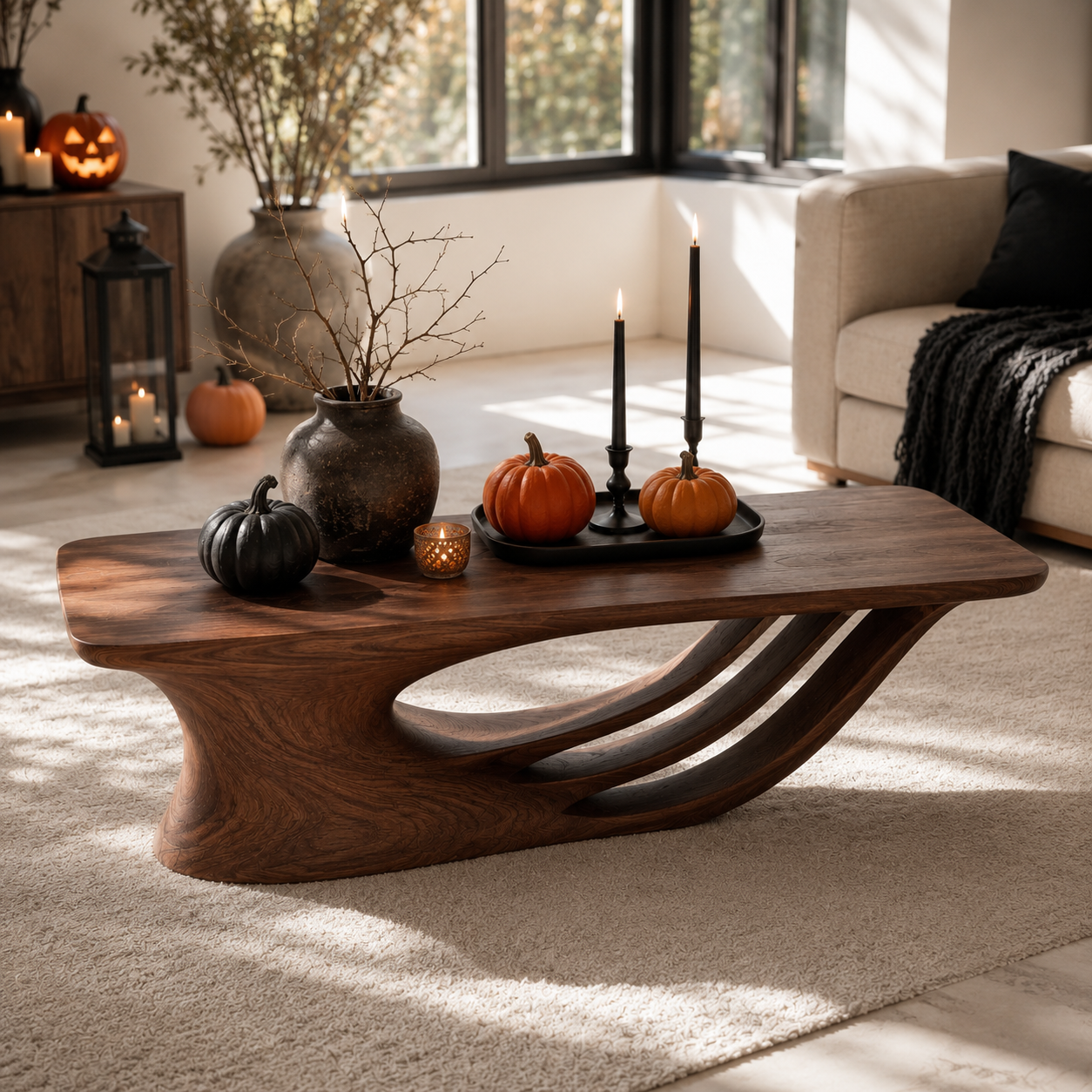 Curvara Sculptural Base Solid Wood Coffee Table For Living Room
