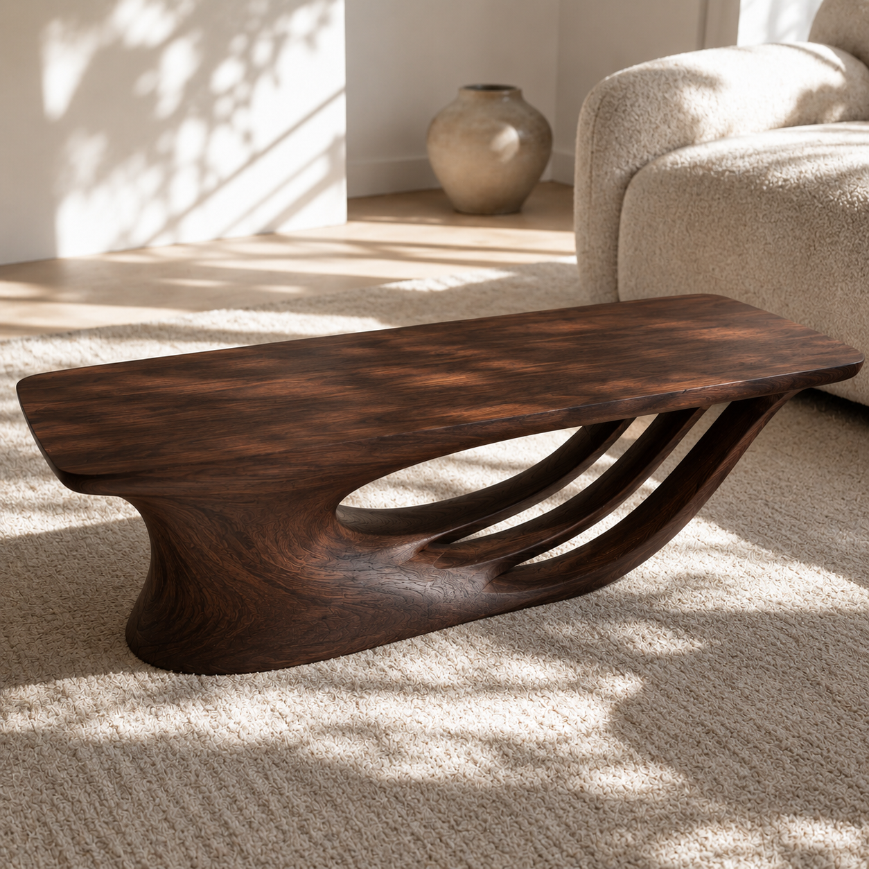 Curvara Sculptural Base Solid Wood Coffee Table For Living Room