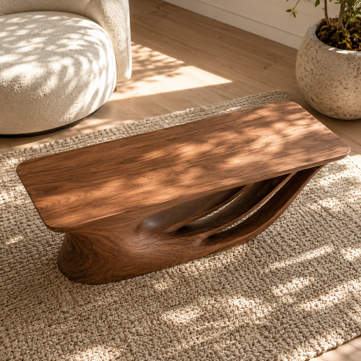 Curvara Sculptural Base Solid Wood Coffee Table For Living Room