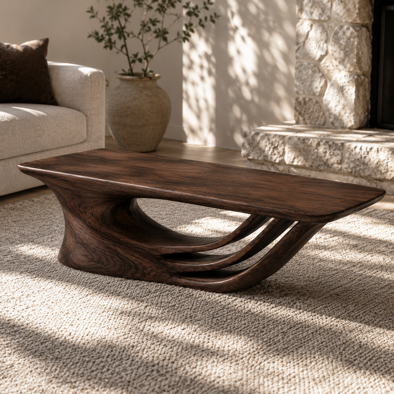 Curvara Sculptural Base Solid Wood Coffee Table For Living Room