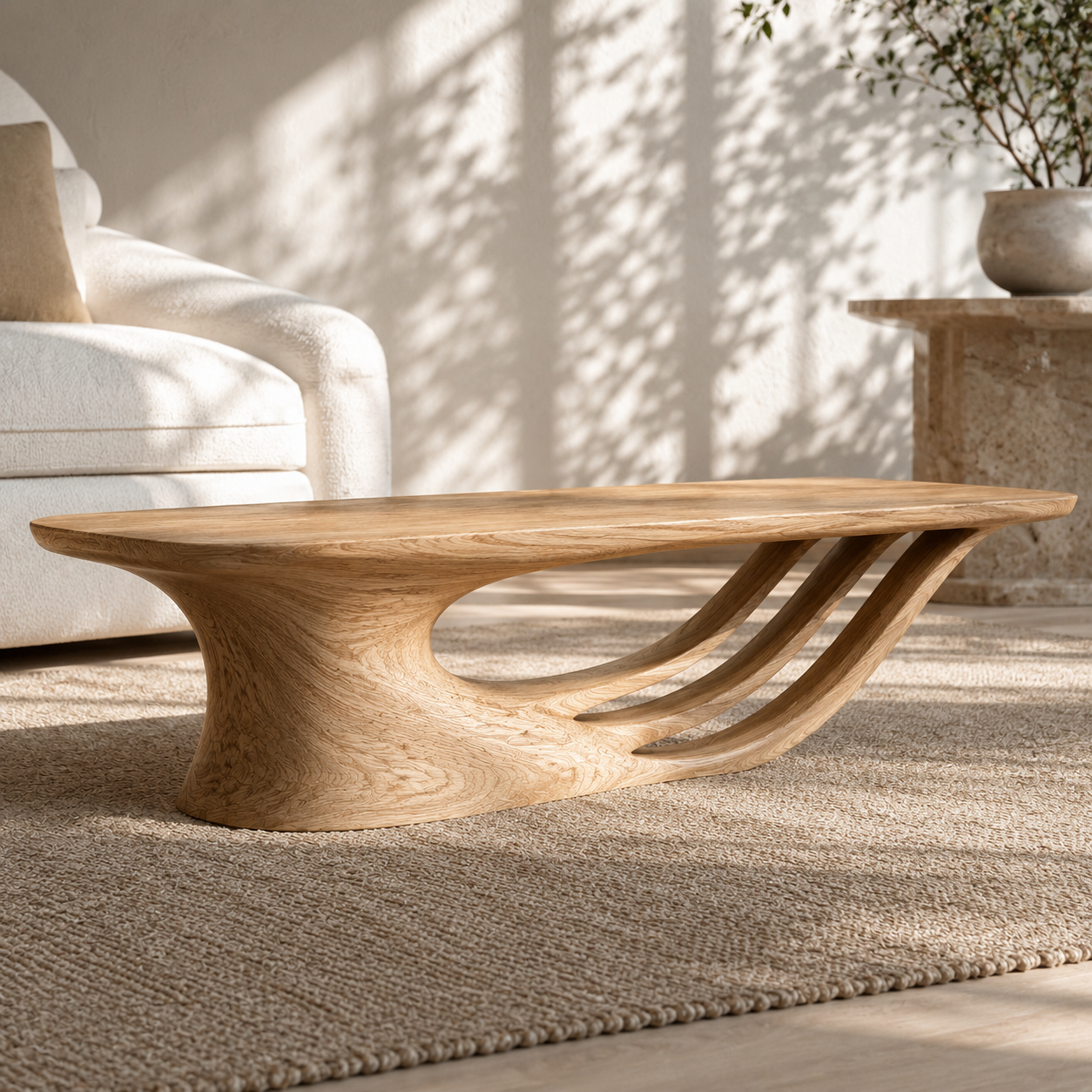 Curvara Sculptural Base Solid Wood Coffee Table For Living Room