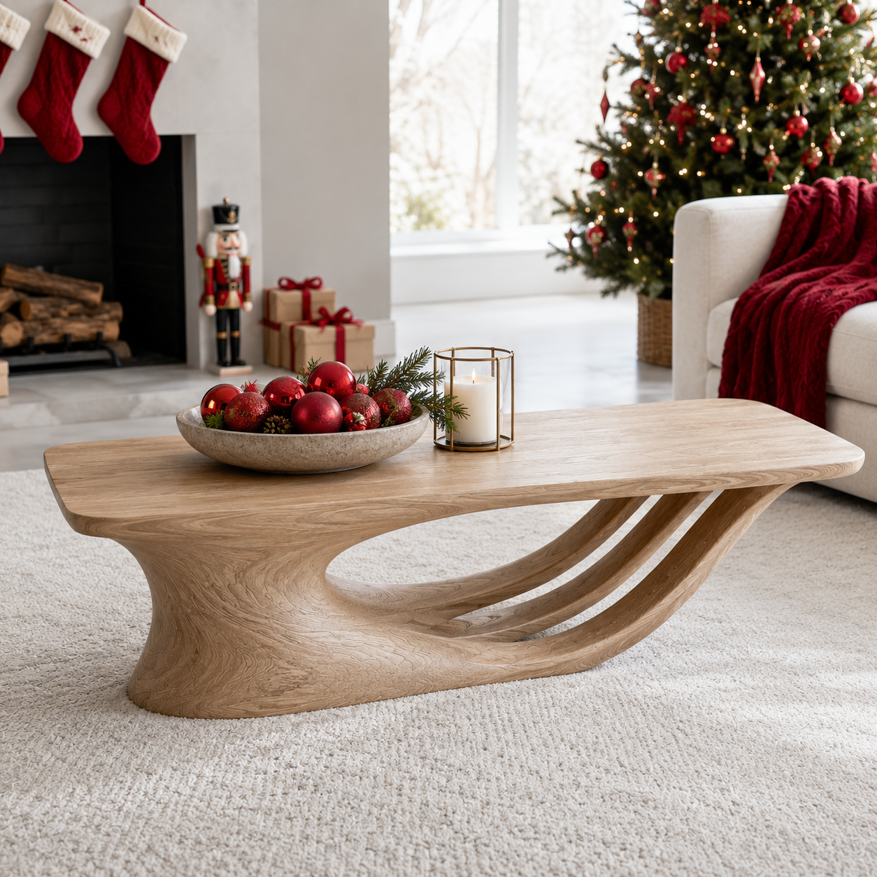 Curvara Sculptural Base Solid Wood Coffee Table For Living Room