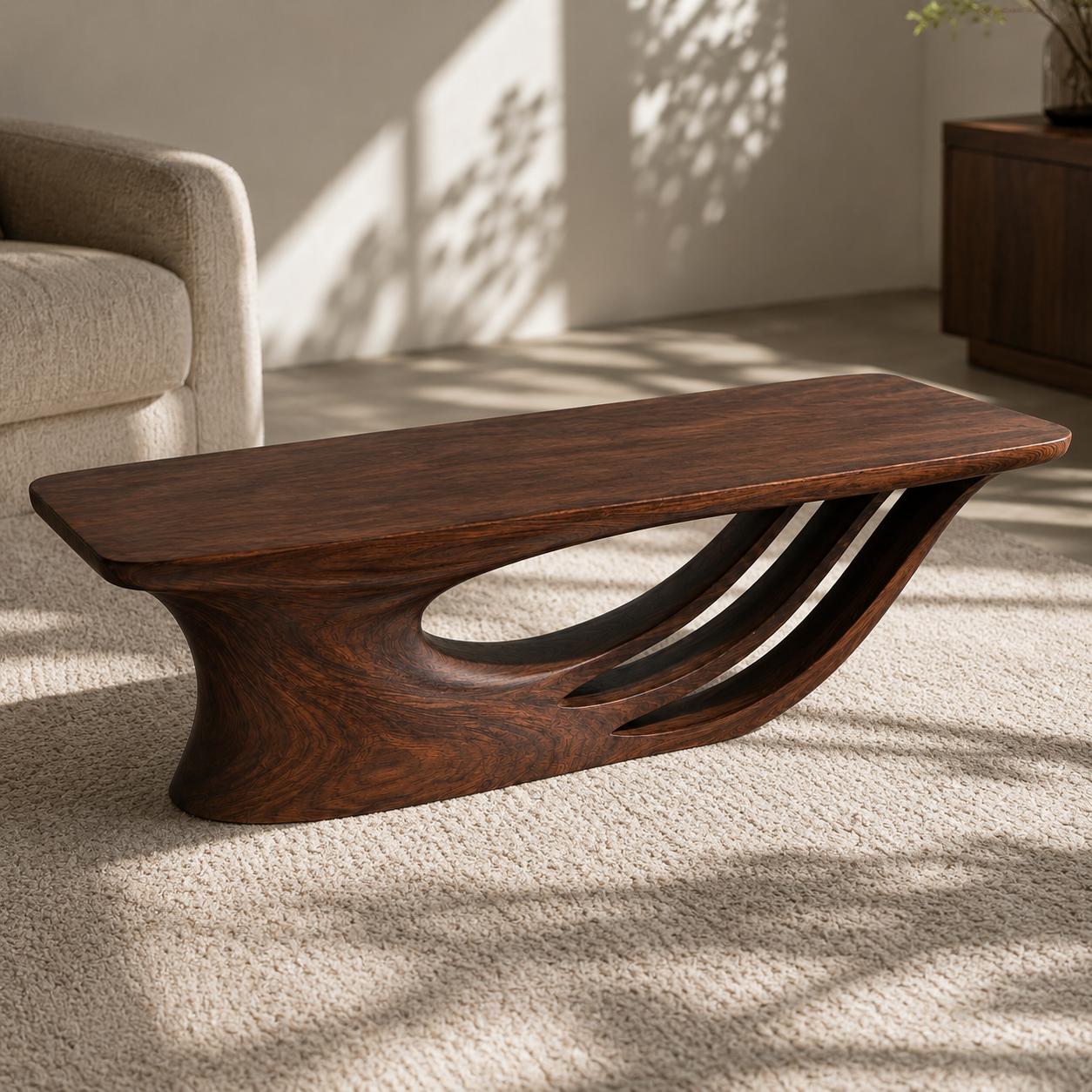 Curvara Sculptural Base Solid Wood Coffee Table For Living Room