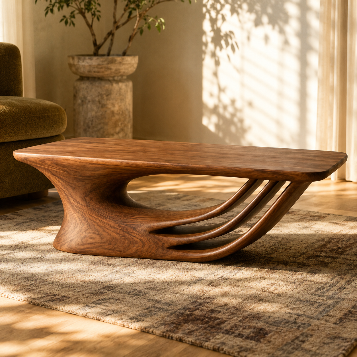 Curvara Sculptural Base Solid Wood Coffee Table For Living Room